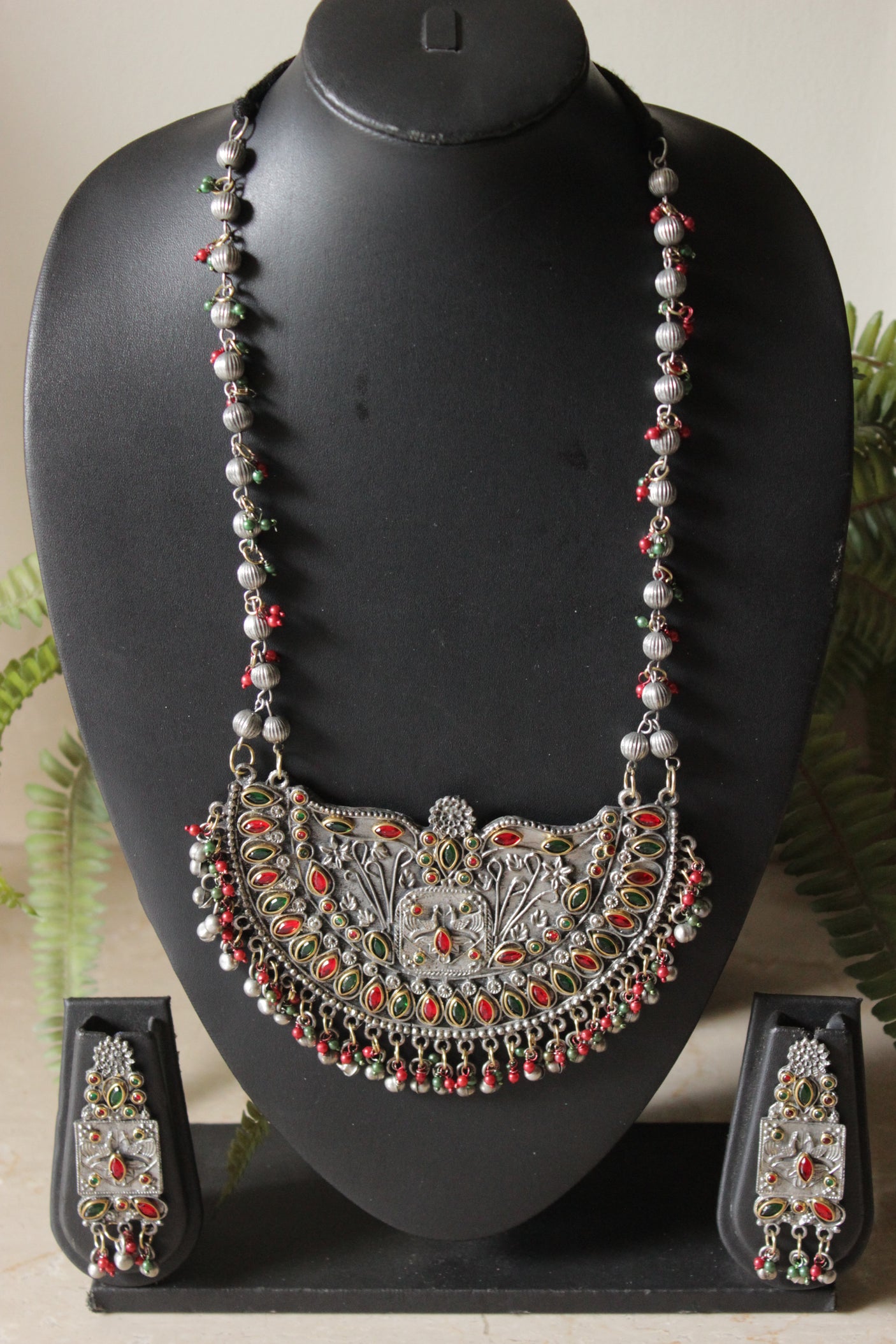 Multi-Color Stones Embedded Oxidised Finish Elaborate Pendant Adjustable Length Necklace Set