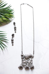 Elephant Pendant Jhumkas Embellished Long Beaded Chain Necklace Set