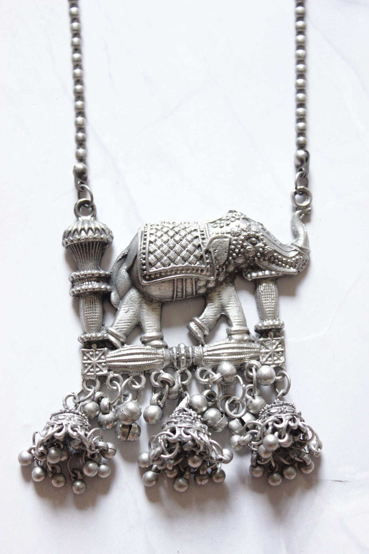 Elephant Pendant Jhumkas Embellished Long Beaded Chain Necklace Set