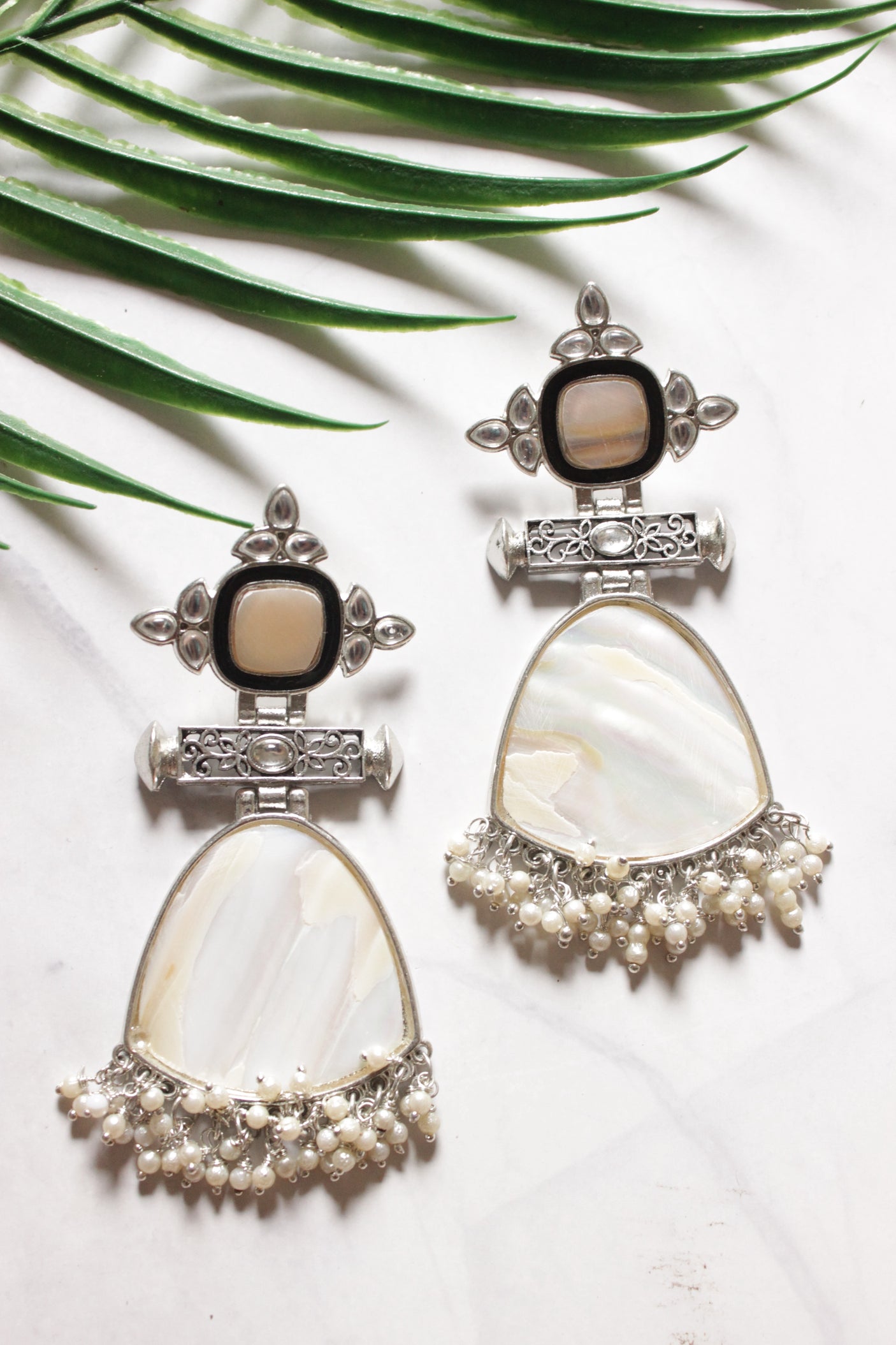 Ivory Center Stone Silver Finish Statement Ethnic Earrings