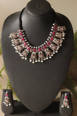 Ruby Pink Glass Stones Embedded Oxidised Finish Adjustable Length Choker Necklace Set