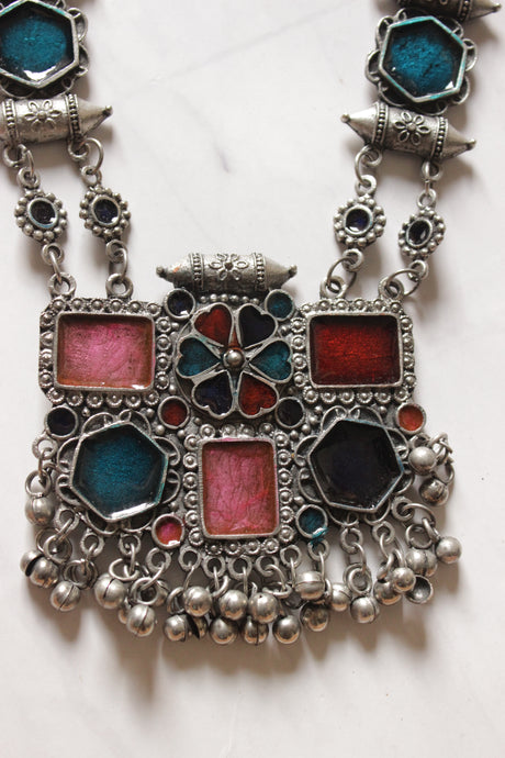 Multi-Color Enamel Painted Oxidised Finish Elaborate Long Necklace Set