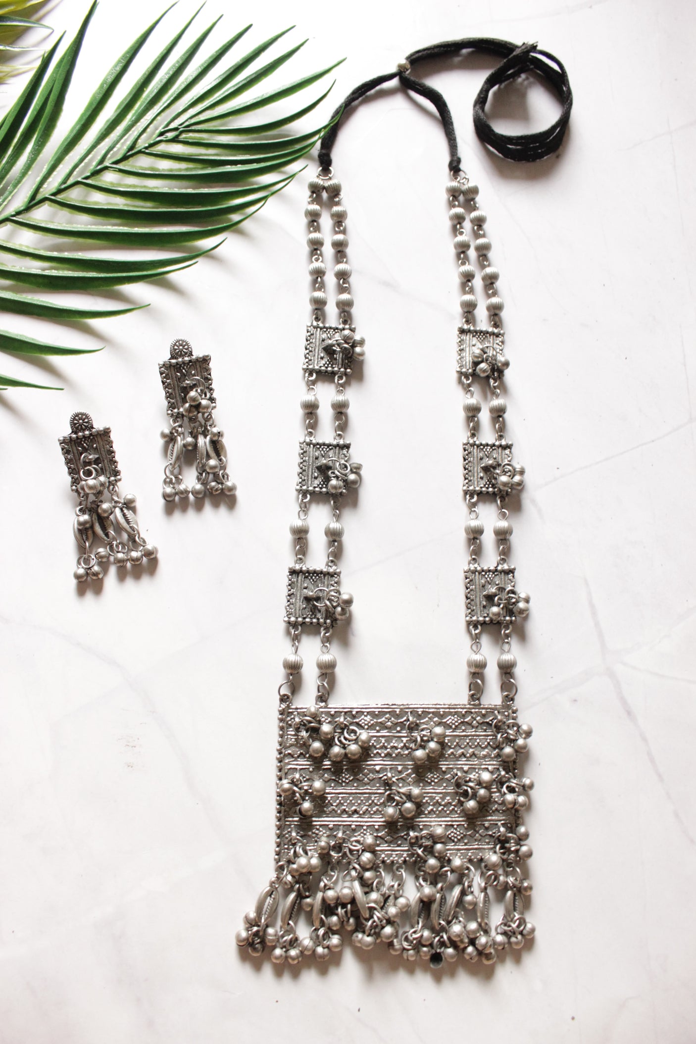 Oxidised Finish Ghungroo Beads Embellished Long Necklace Set