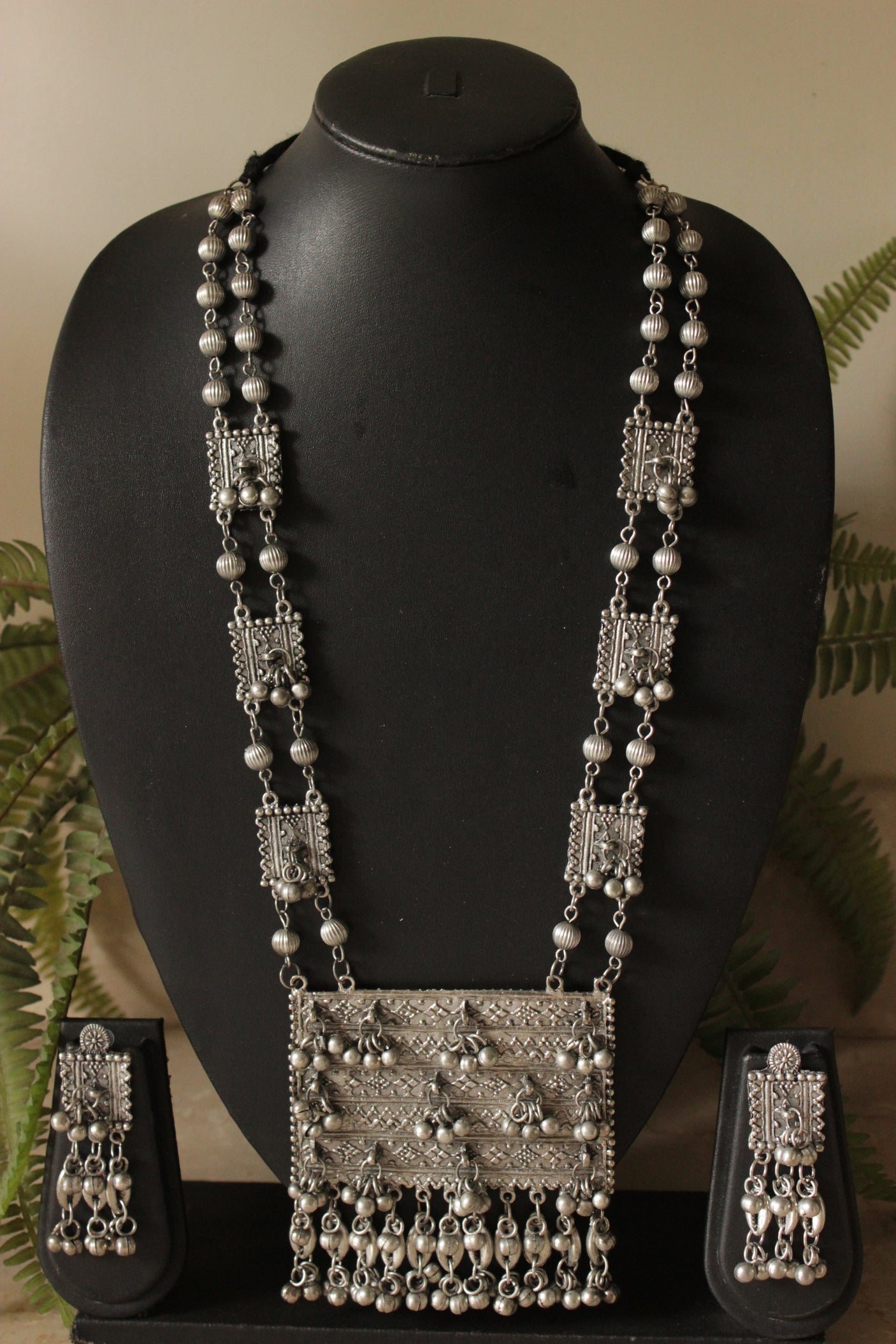 Oxidised Finish Ghungroo Beads Embellished Long Necklace Set