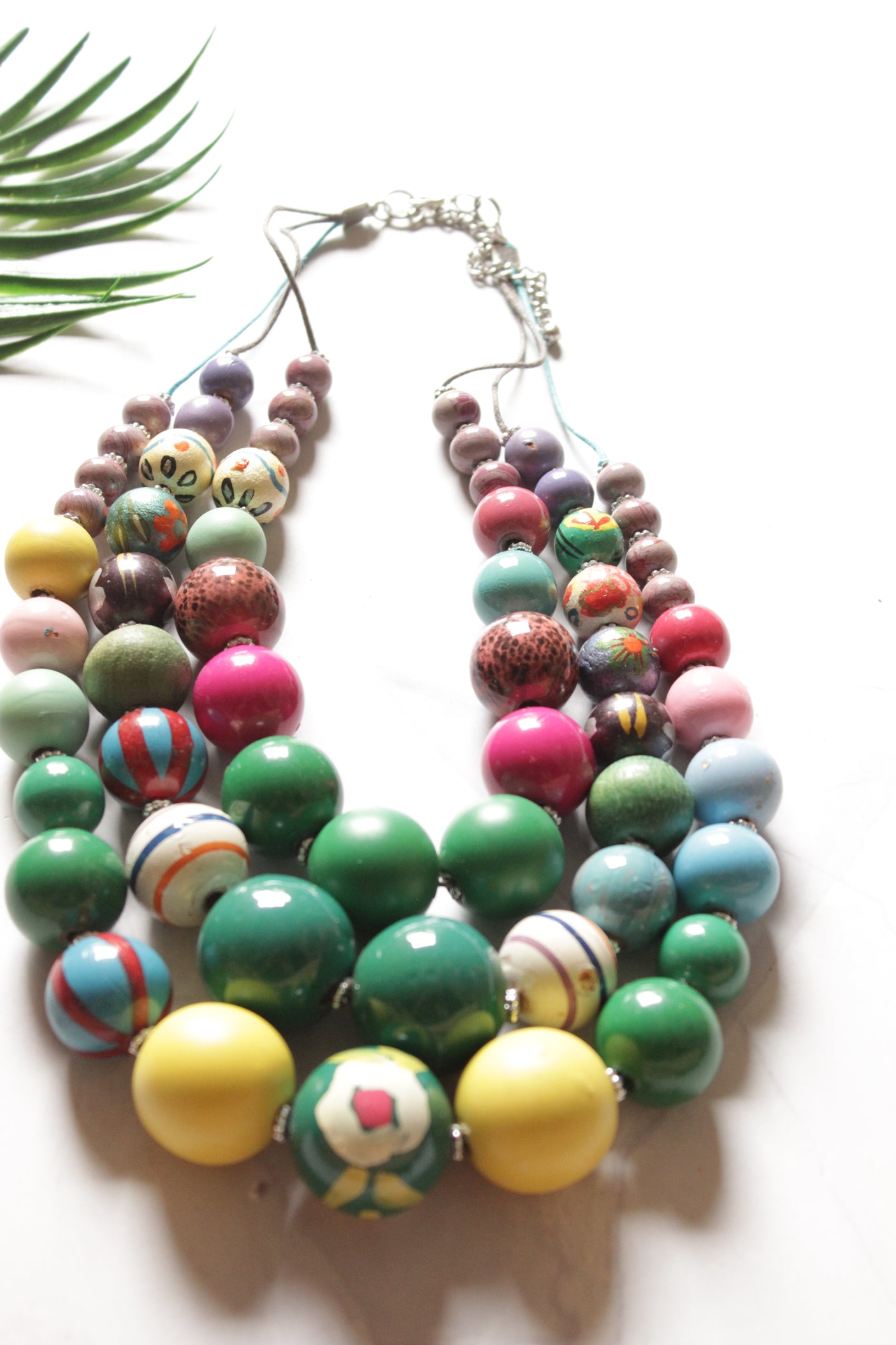 Multi-Color Hand Painted Wooden Beads 3 Layer Necklace