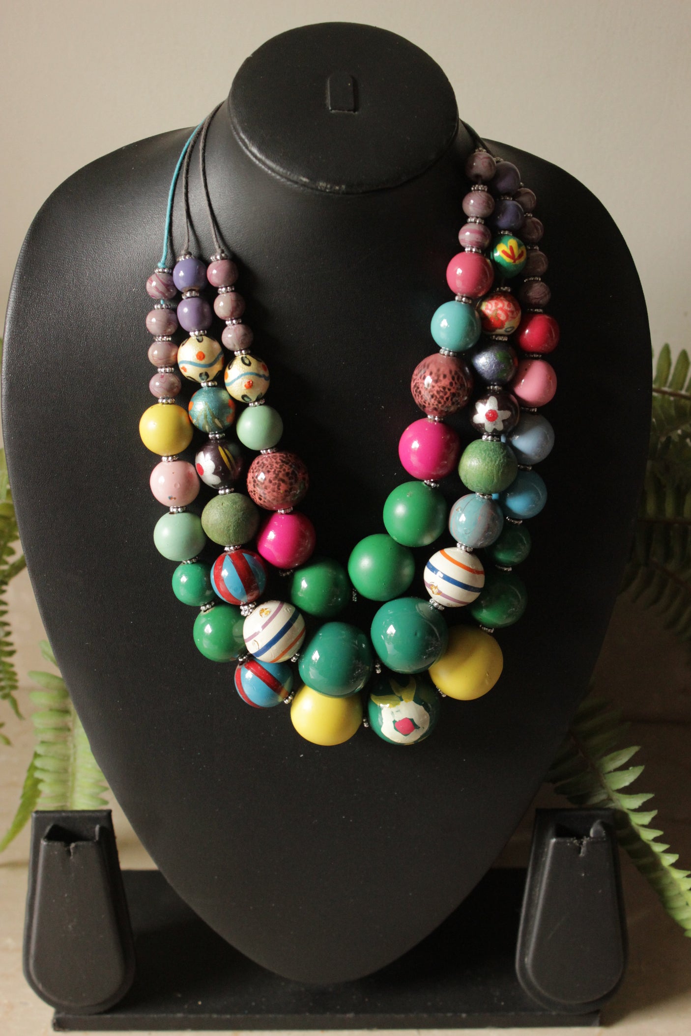 Multi-Color Hand Painted Wooden Beads 3 Layer Necklace