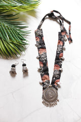 Black and Maroon Block Printed Fabric and Oxidised Metal Pendant Collar Necklace Set