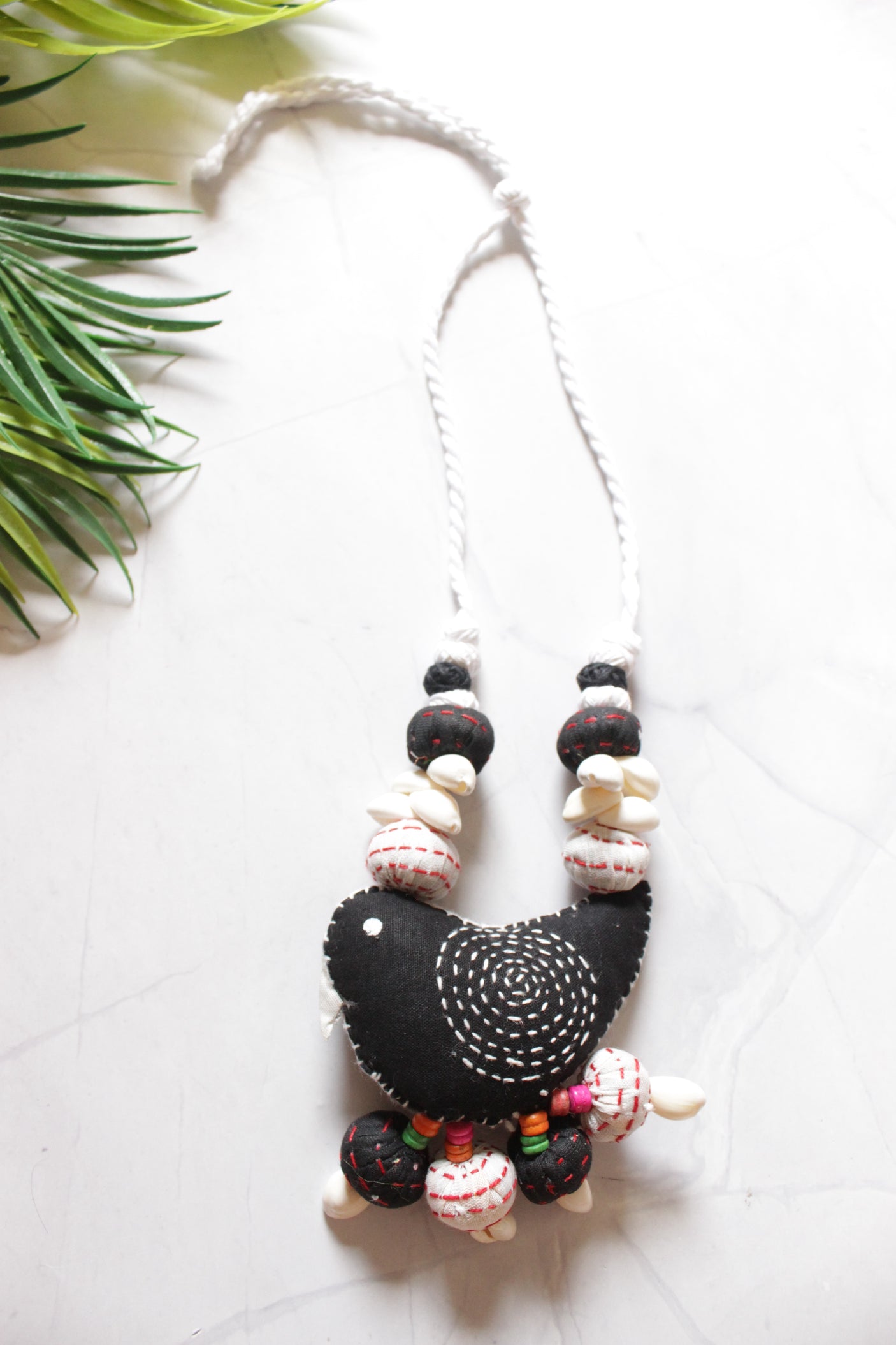 Kantha Embroidered Black and White Fabric Handmade Necklace