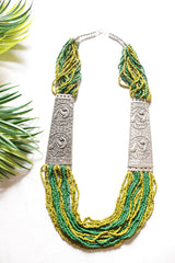 Green Beaded Multi Layered Necklace Set with Metal Detailing