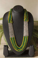 Green Beaded Multi Layered Necklace Set with Metal Detailing