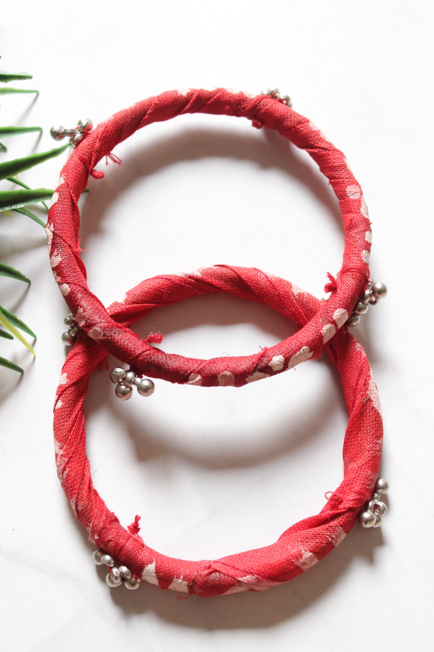 Set of 2 Red Fabric and Ghungroo Handmade Bangles