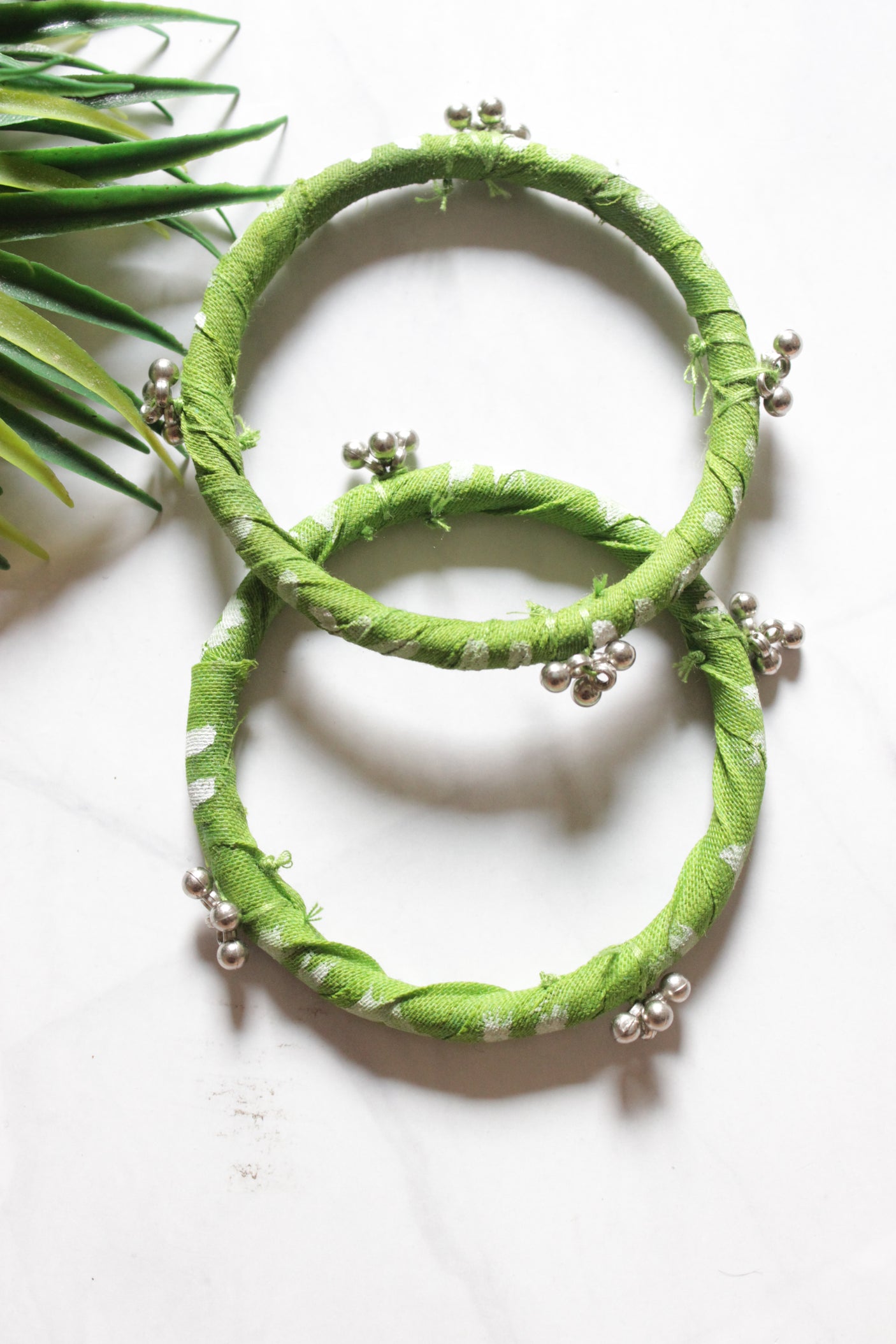 Set of 2 Light Green Fabric and Ghungroo Handmade Bangles