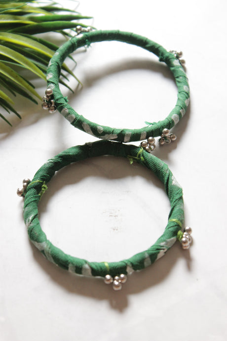 Set of 2 Green Fabric and Ghungroo Handmade Bangles