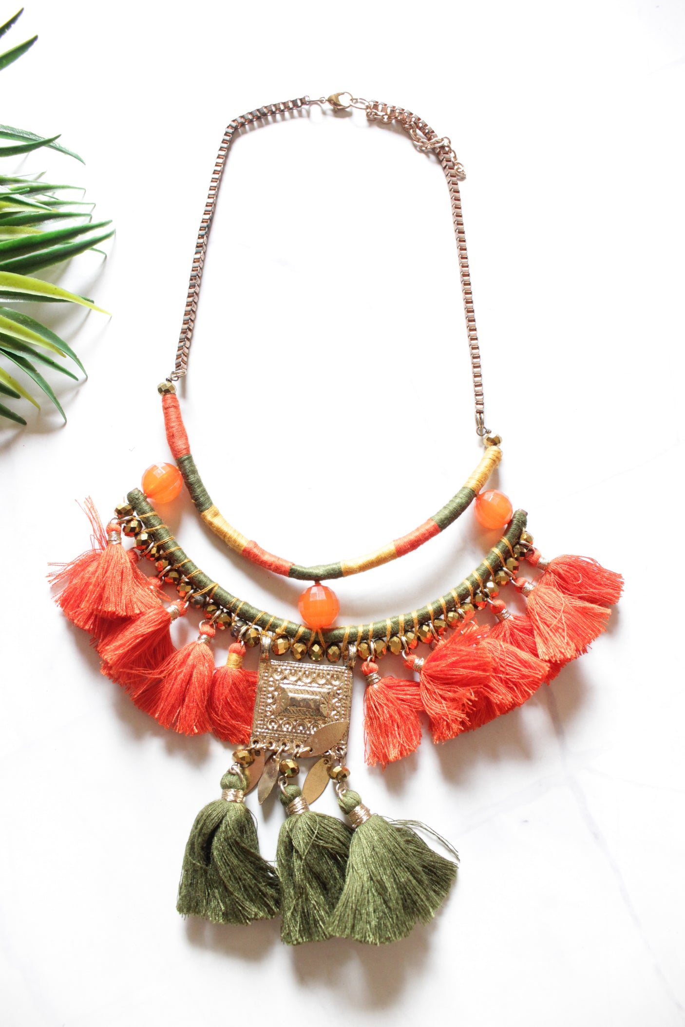 Orange and Green Fabric Pom Poms Handmade Boho Necklace