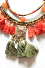 Orange and Green Fabric Pom Poms Handmade Boho Necklace