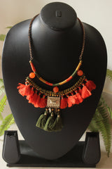 Orange and Green Fabric Pom Poms Handmade Boho Necklace