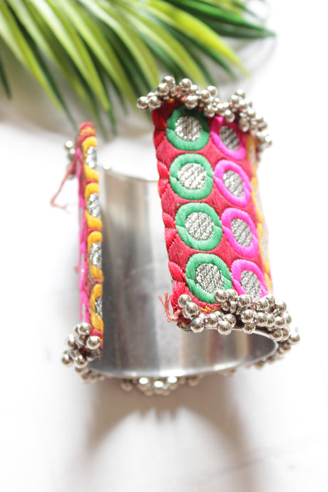 Hand Embroidered Fabric and Ghungroo Adjustable Metal Bracelet