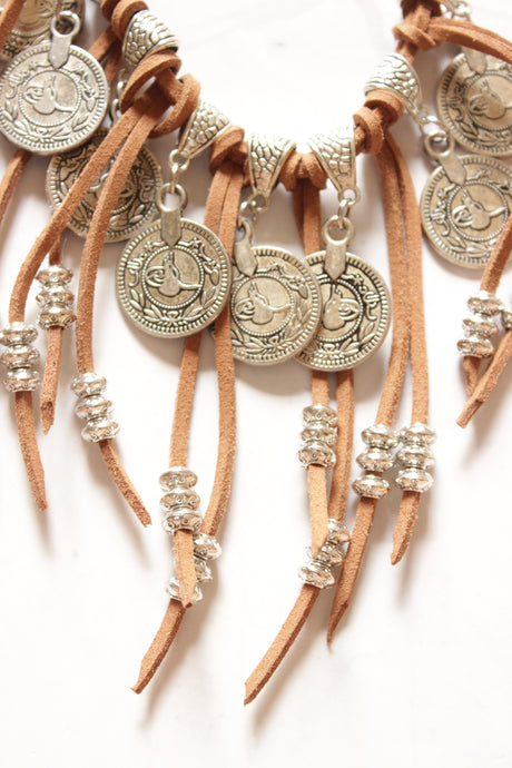 Stamped Metal Coins and Rope Adjustable Length Handmade Boho Necklace