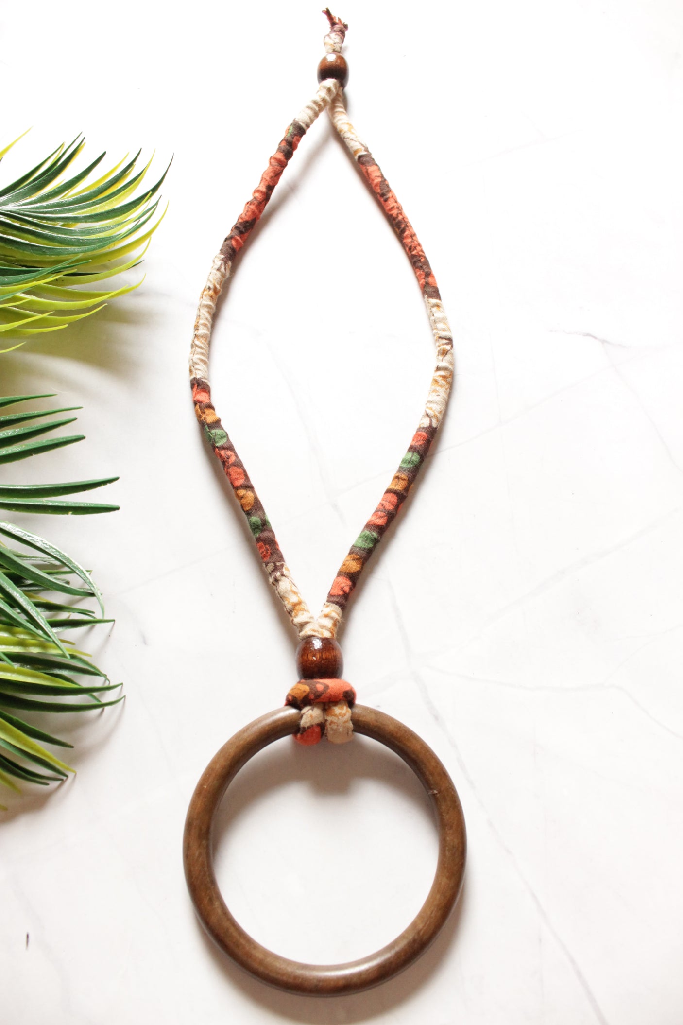 Circular Wooden Pendant Fabric Closure Necklace