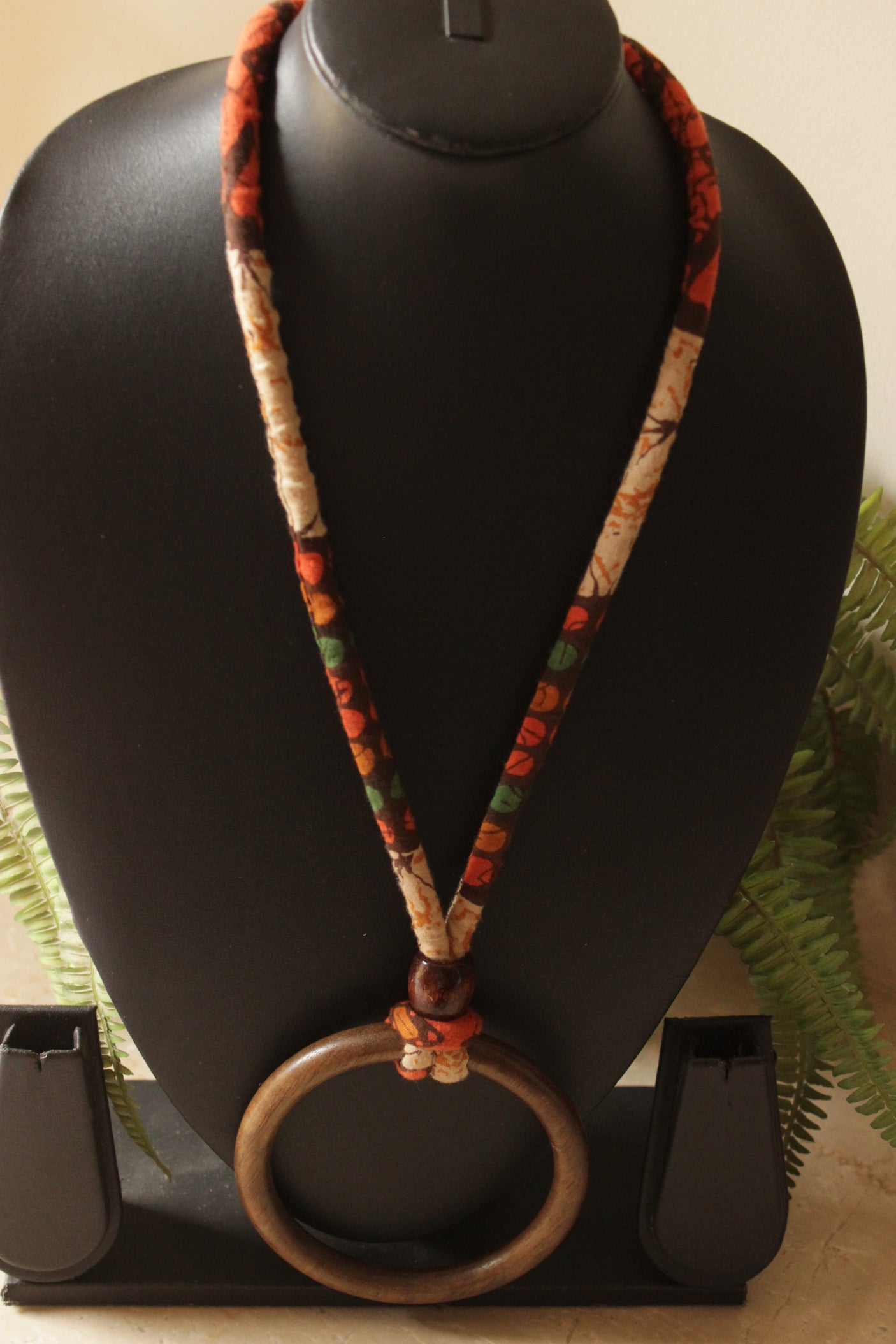 Circular Wooden Pendant Fabric Closure Necklace