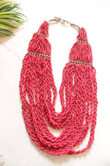 Reddish Pink Beads Multi-Layer Hand Beaded Necklace