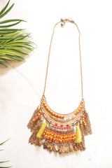 Dull Gold Finish Metal Accents and Chains Pom Pom Embellished Boho Necklace