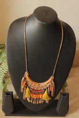 Dull Gold Finish Metal Accents and Chains Pom Pom Embellished Boho Necklace