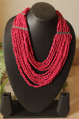 Reddish Pink Beads Multi-Layer Hand Beaded Necklace