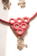 Pink Fabric and Mirrors Hand Embroidered Hasli Necklace Set