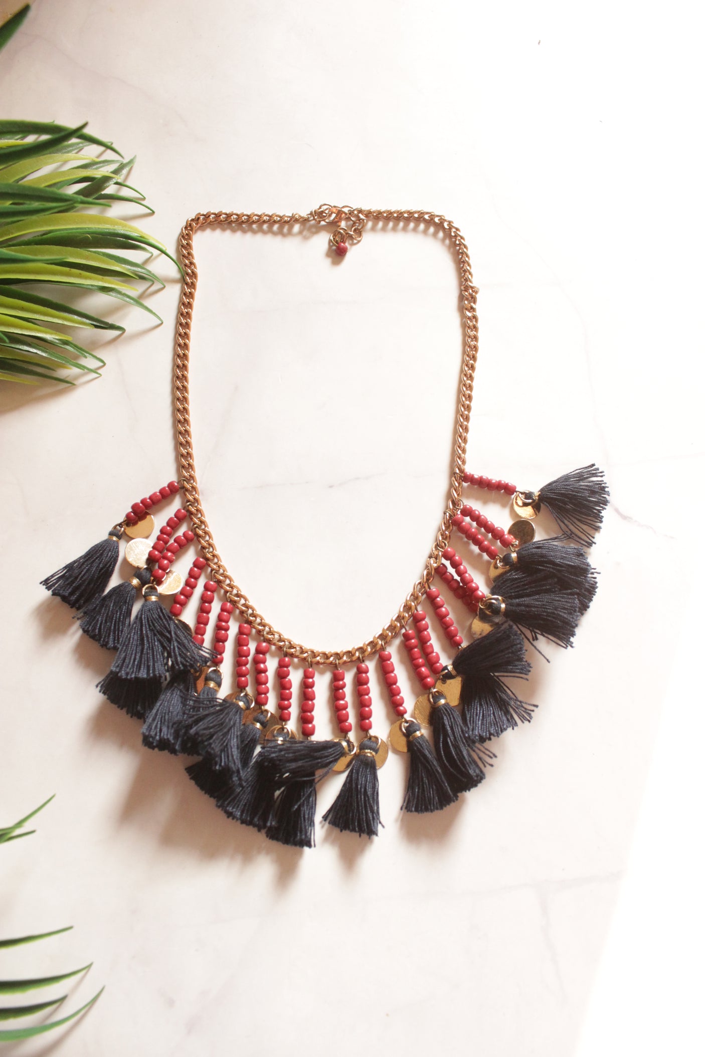 Metal Chains and Beads Pom Pom Embellished Boho Necklace