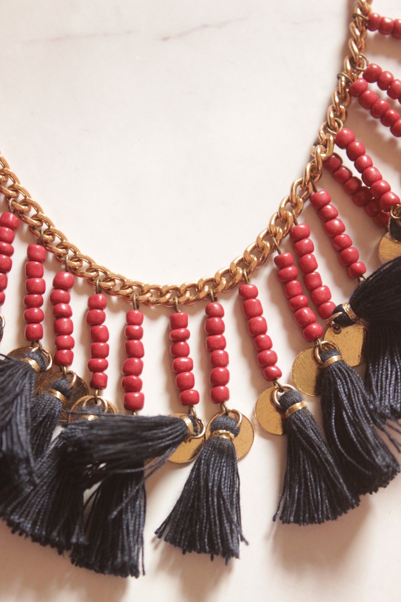 Metal Chains and Beads Pom Pom Embellished Boho Necklace