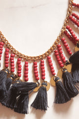 Metal Chains and Beads Pom Pom Embellished Boho Necklace