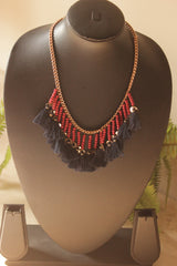 Metal Chains and Beads Pom Pom Embellished Boho Necklace