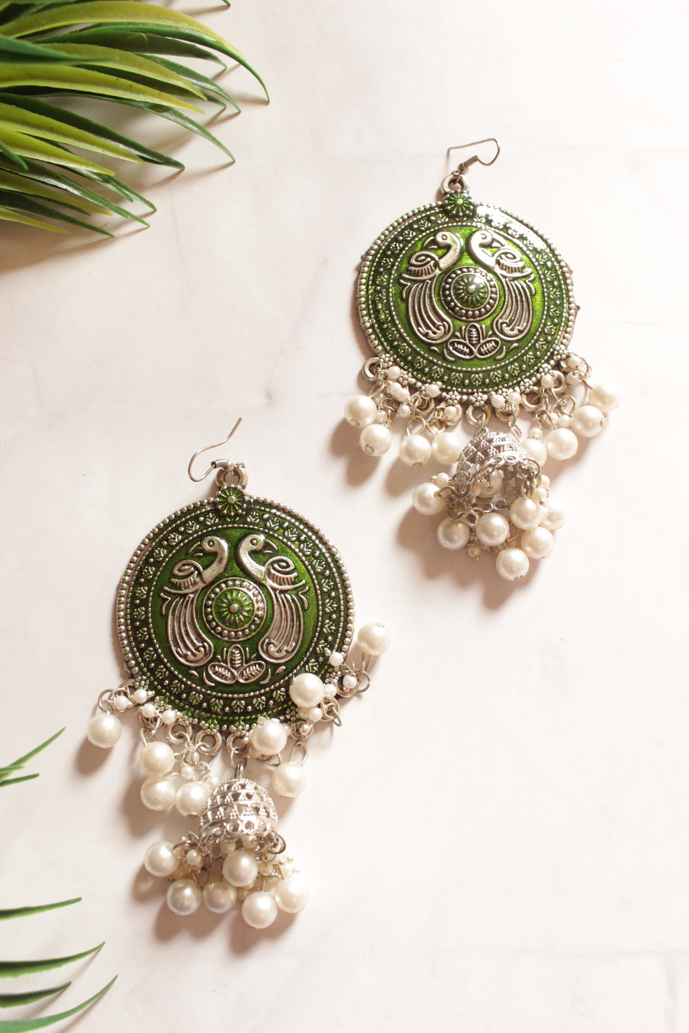 Peacock Motif Green Dangler Jhumka Earrings