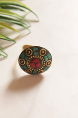 Black and Green Gold Toned Adjustable Tibetan Ring