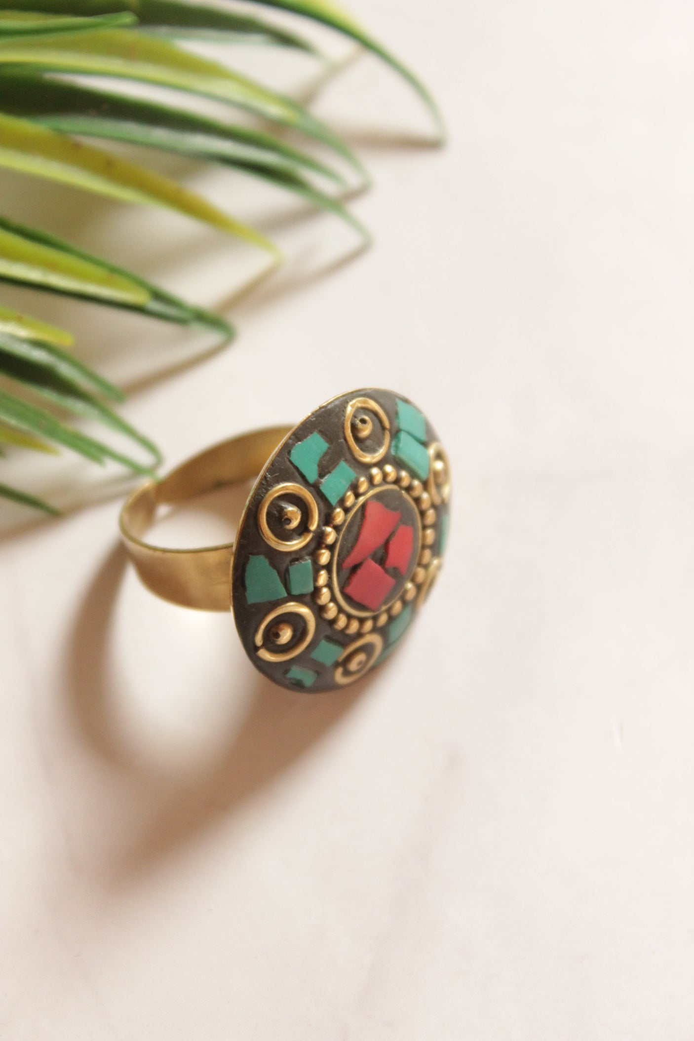 Black and Green Gold Toned Adjustable Tibetan Ring