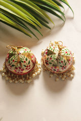 Meenakari Hand Painted Flowers Gold Toned Jhumka Earrings