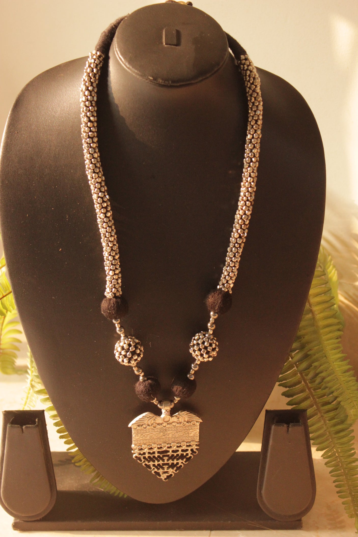 Oxidised Finish Pendant with Black Braided Threads Long Necklace