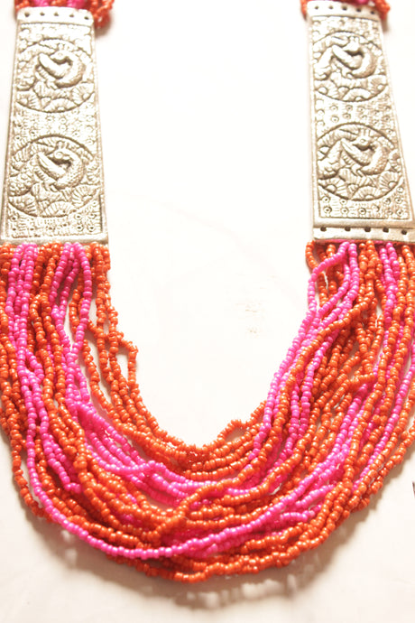 Pink and Orange Beaded Multi Layered Necklace Set with Metal Detailing