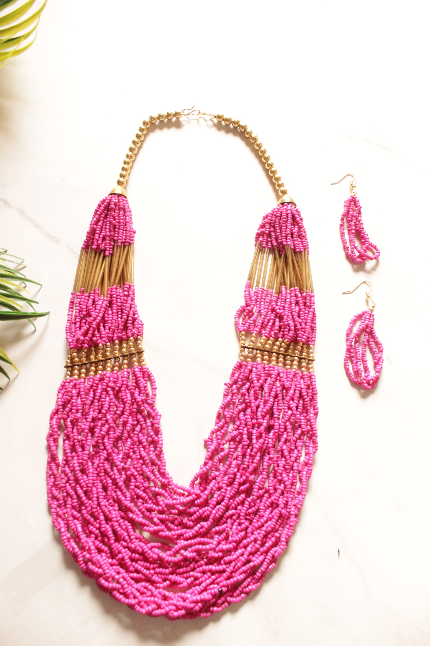 Pink Beaded Multi Layered Necklace Set with Golden Beads Detailing