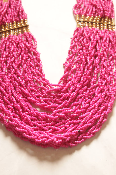 Pink Beaded Multi Layered Necklace Set with Golden Beads Detailing