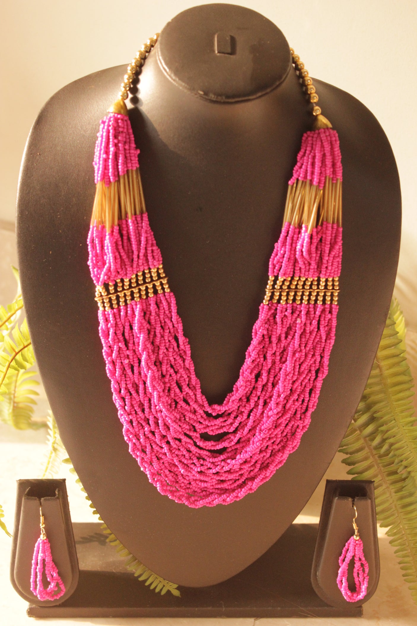 Pink Beaded Multi Layered Necklace Set with Golden Beads Detailing