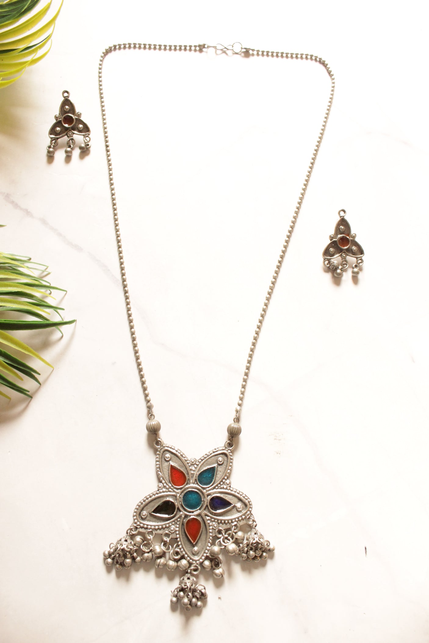 Oxidised Finish Ghungroo Embellished Chain Necklace Set