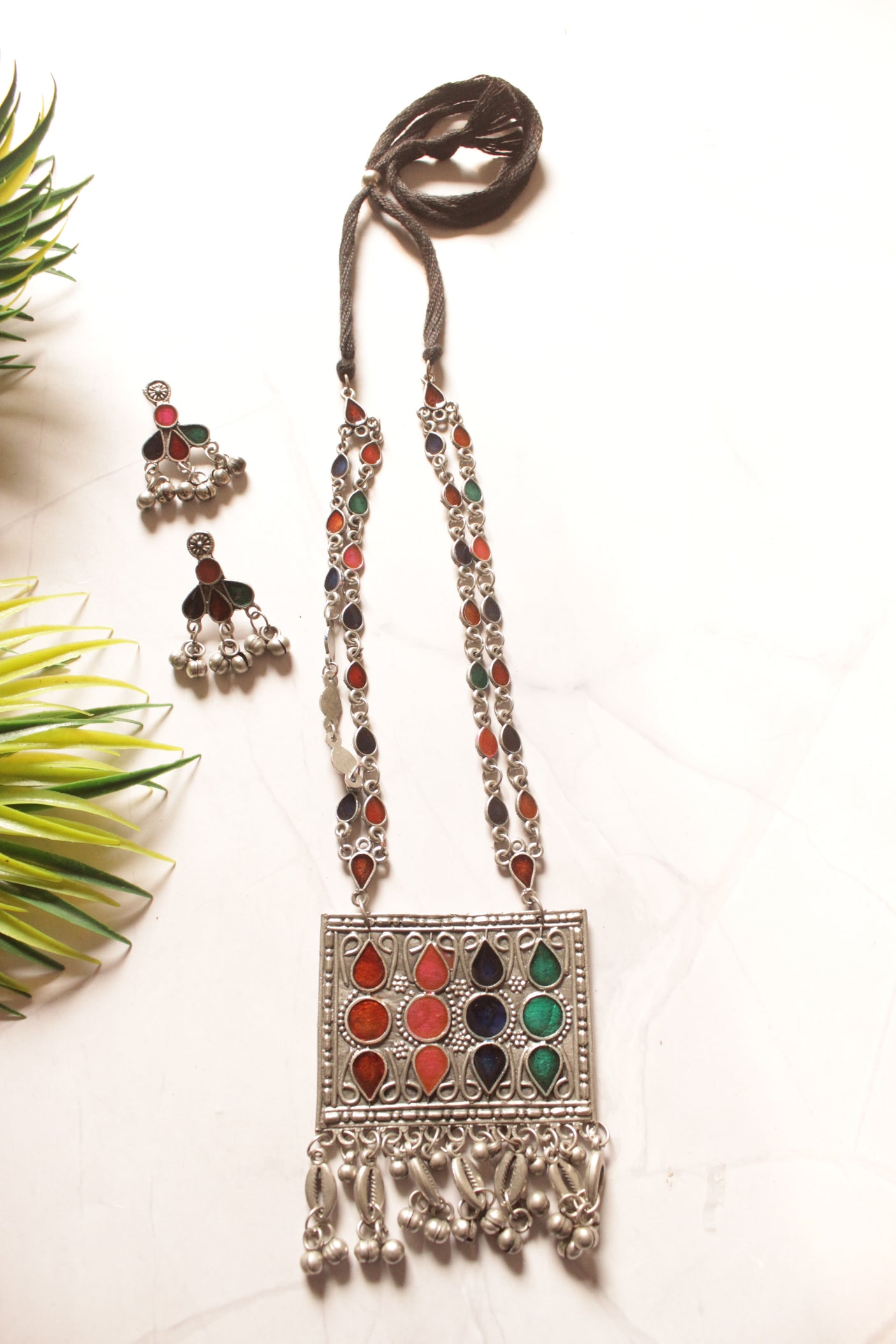 Red and Green Enamel Painted Oxidised Finish Afghani Necklace Set