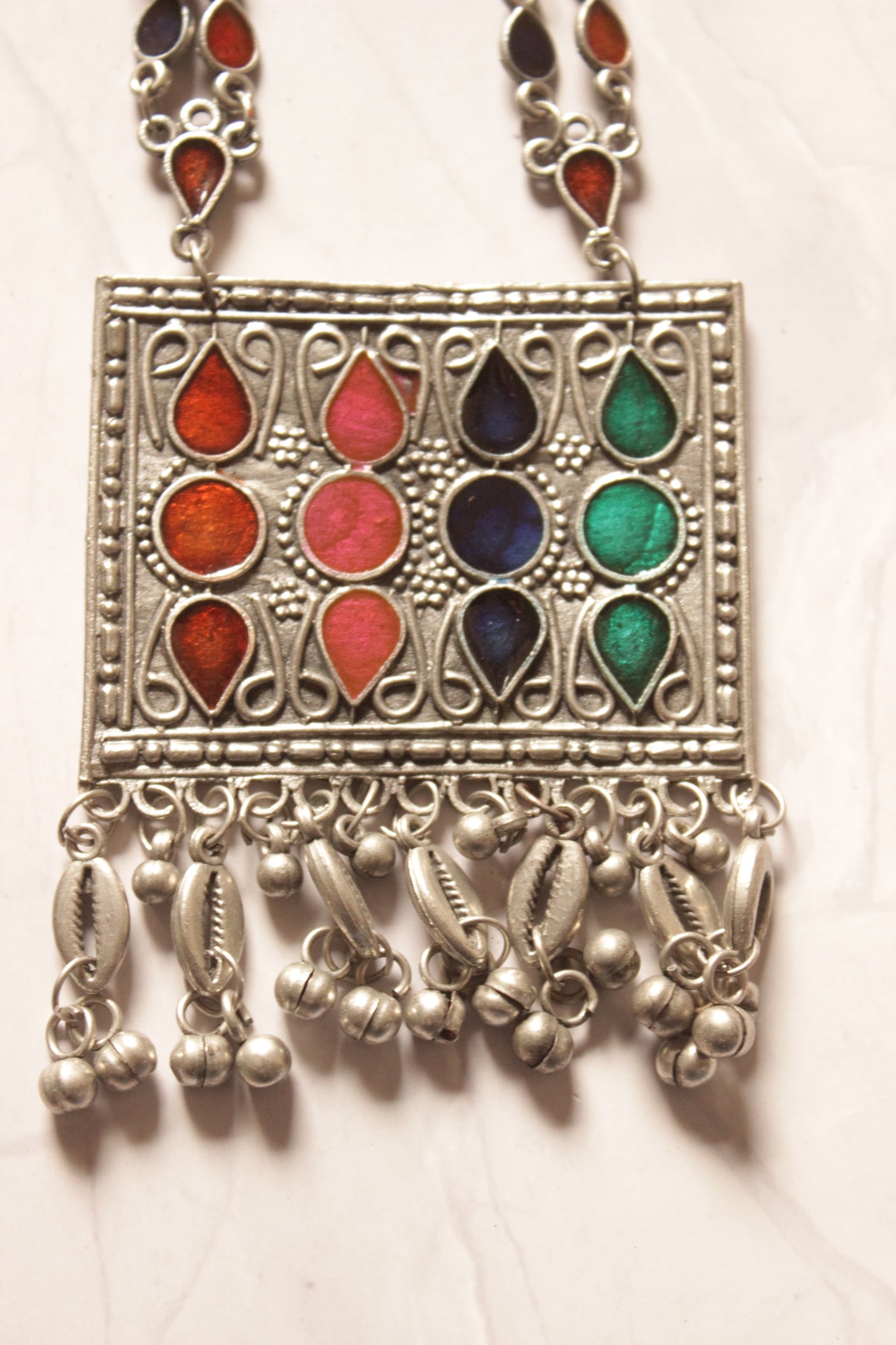 Red and Green Enamel Painted Oxidised Finish Afghani Necklace Set