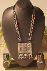 Red and Green Enamel Painted Oxidised Finish Afghani Necklace Set