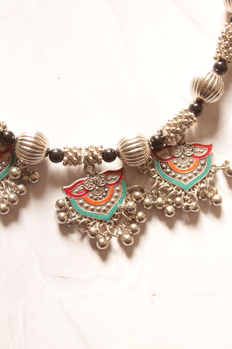 Turquoise and Red Enamel Painted Statement Oxidised Finish Necklace Set