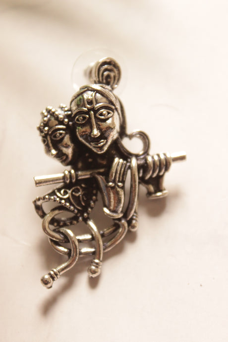 Lord Krishna and Bansuri Motif Oxidised Finish Earrings