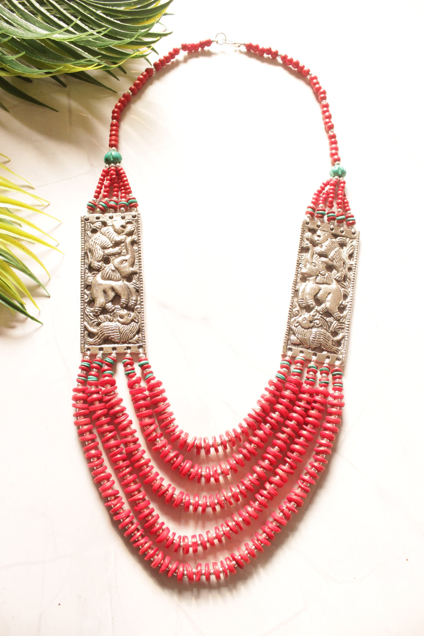 Coral Seed Beads Multi-Layer Elephant Motif Necklace with Oxidised Finish Metal Detailing