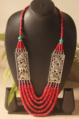 Coral Seed Beads Multi-Layer Elephant Motif Necklace with Oxidised Finish Metal Detailing